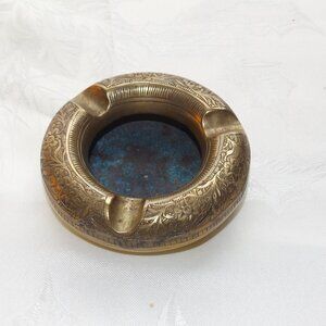 Vintage 3 1/2” Solid Brass Round Ashtray Floral Etched Design